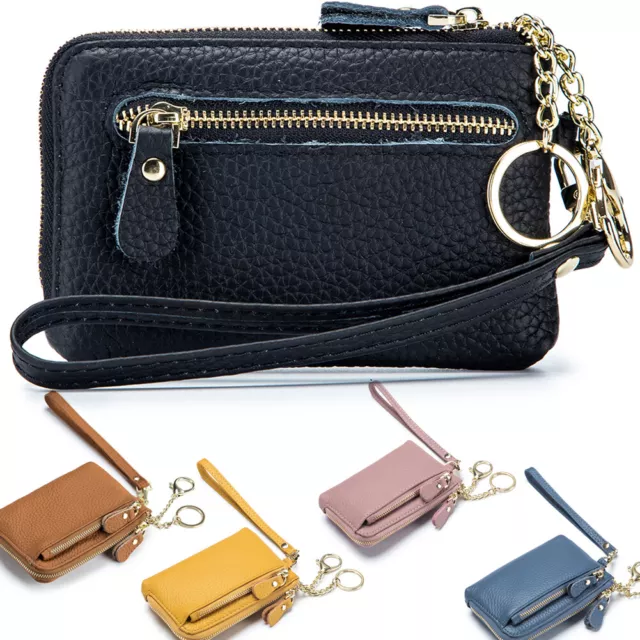 Genuine Leather Women Zipper Small Wallet Coin Purse Pouch Holder Wristlet Strap