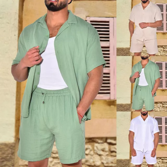 WHITE LINEN SUIT Men's Summer Simple Shortsleeve Shirts and Shorts ...