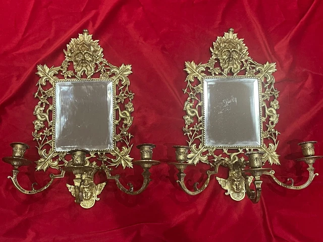 Paire ancienne applique murale miroir biseauté bronze bougeoirs Napoleon III