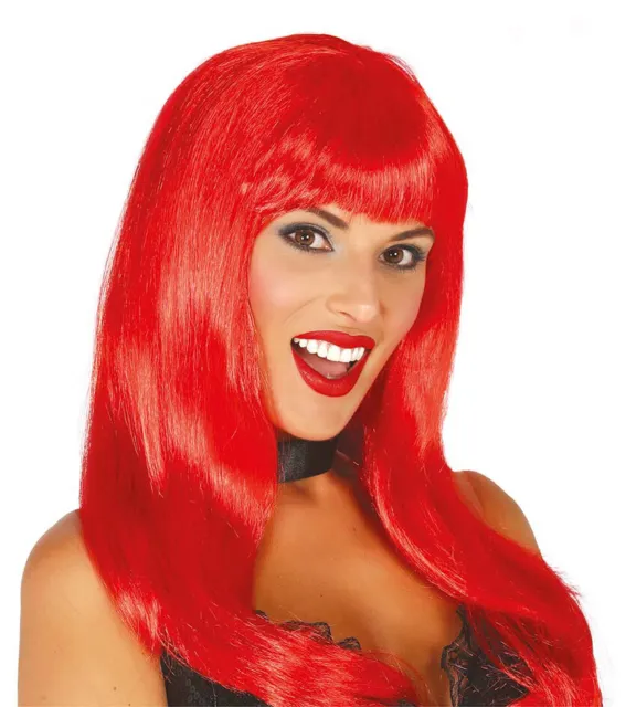 Ladies Long Straight Bright Red Riding Hood Halloween Devil Fancy Dress Wig New 3