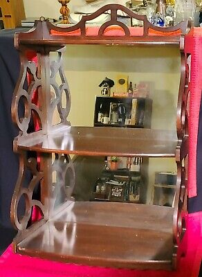 Antique Mahogany Scroll Work Three Tier Hanging Wall Shelf with Mirror