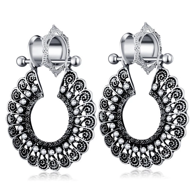 2pc Steel Ear Plug Bohemia Peacock Crystal Flesh Tunnel Dangle Expander Piercing