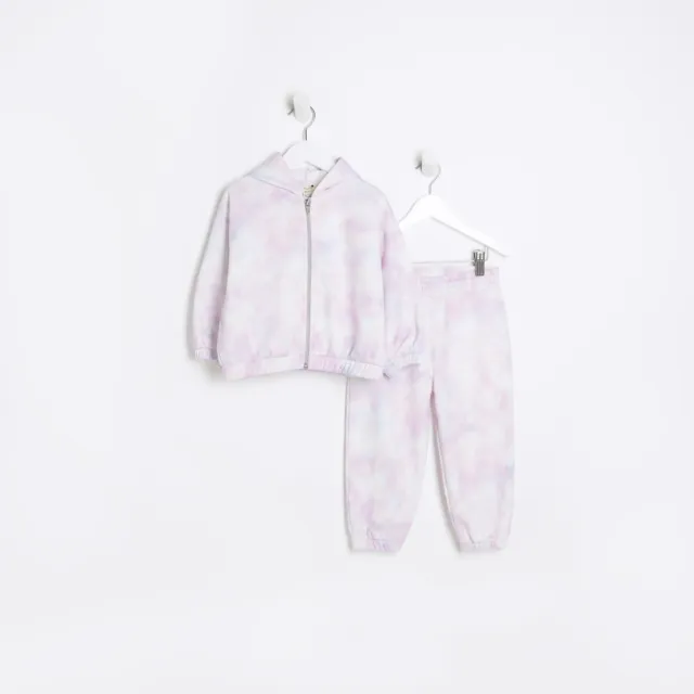 River Island Mini Girls Hoodie Tracksuit 2 Piece Set Pink Tie Dye Outfit