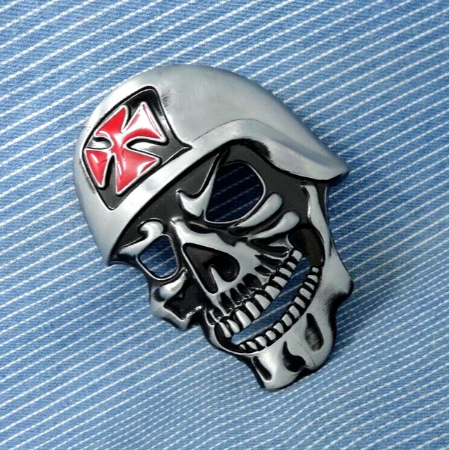 SKULL IRON CROSS Helmet Belt Buckle Gothic Biker Halloween Cosplay