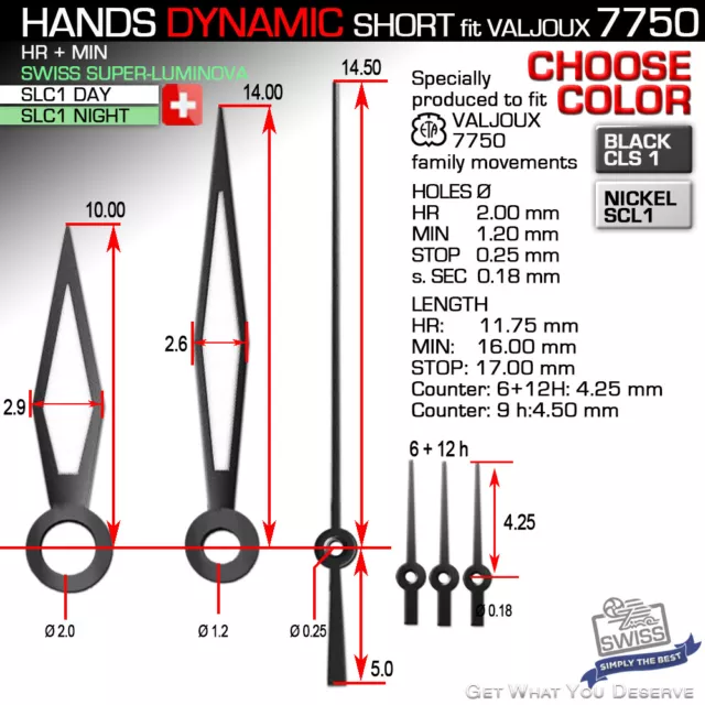HANDS SET FOR MOVEMENT ETA VALJOUX 7750, Ref. DYNAMIC SHORT SUPERLUMINOVA, CSL1 HANDS SET FOR MOVEMENT ETA VALJOUX 7750, Ref. DYNAMIC SHORT SUPERLUMINOVA, CSL1
