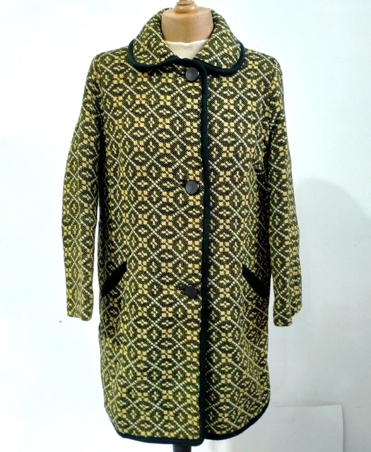 Cappotto vintage anni '60 arazzo in lana gallese tessuto mod, verde/giallo, taglia UK 12/14