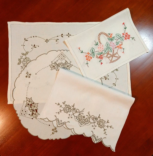 VINTAGE LINEN HAND Embroidered Three Table Mats and Towel Madeira £10.
