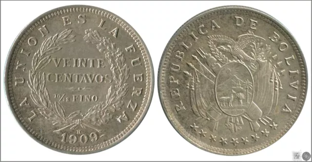 Bolivia 20 Cents 1909 H/Silver S/C / UNC KM00176-09