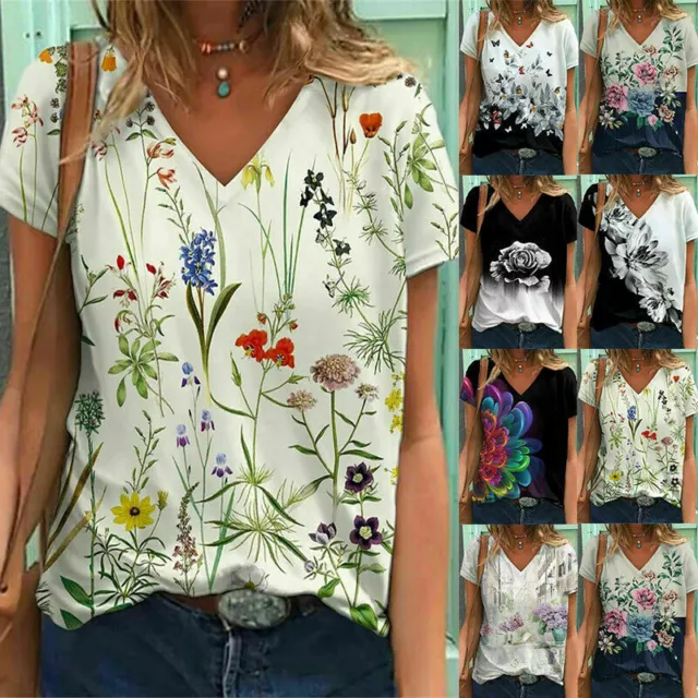 Womens Print Summer Blouse Short Sleeve T Shirt Ladies Plus Size V Neck Tops Tee