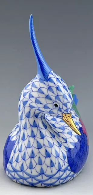 🦋 MINT HEREND DUCK W/ Plume Blue Fishnet Bird Figurine