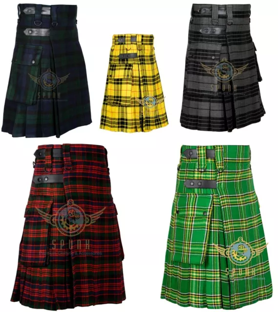 Men's Scottish Utility kilts Two Side Pockets Fashion Multi Colors Clan Tartan