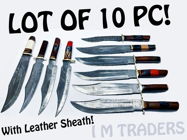LOT OF 10 PC ! Handmade Damascus Steel Blade Hunting Bowie Knife Camping Knife