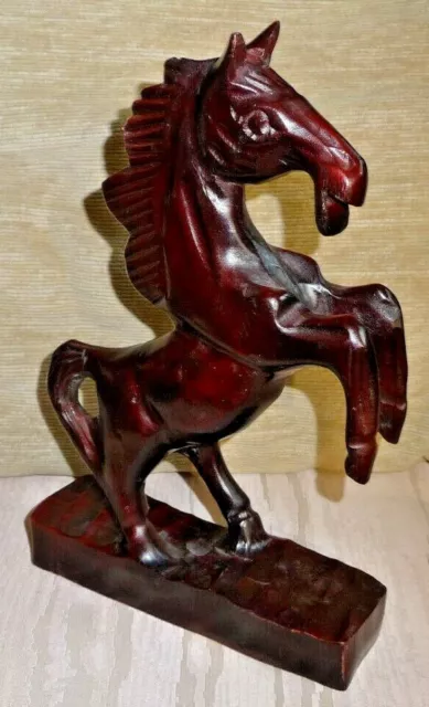 Beautiful, Wood Hand Carved Horse Figure 10" Tall on Base Black Rearing Up