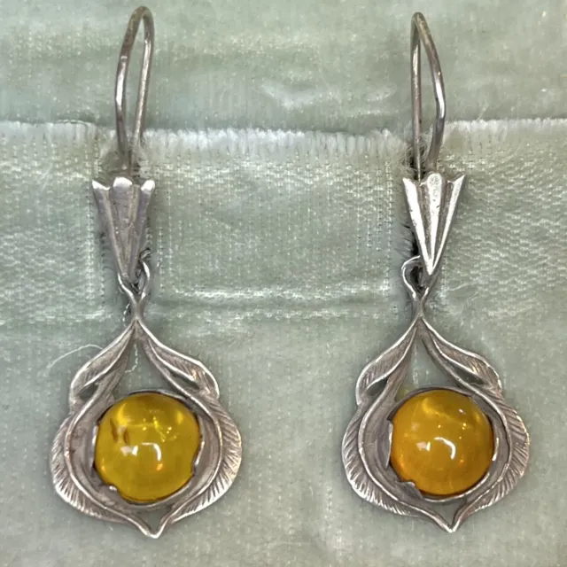 Marked 925 Sterling Silver And Amber Earrings Dangle Drop Vintage Signed K / G