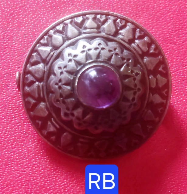 Broche Ancienne Kelt En Argent Massif (poinçon Sanglier 950‰) Avec Améthyste - Bijou Vintage 28 Mm