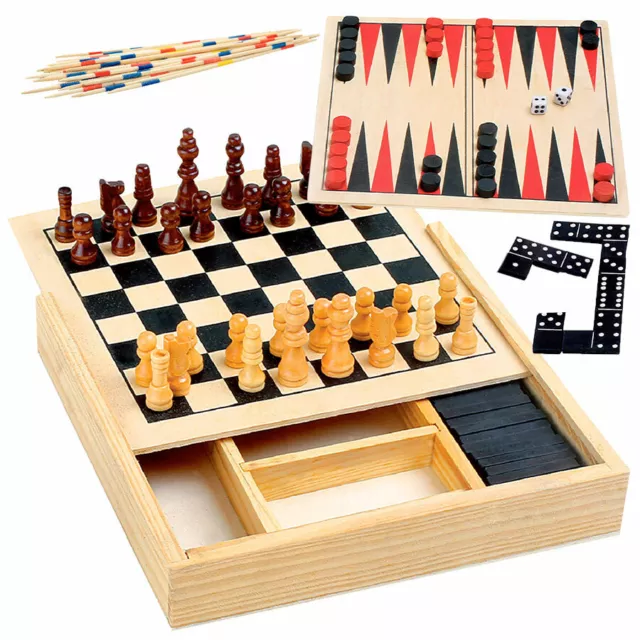 4-in-1 Reisespiele Set Domino Schach Mikado Backgammon Spiel Figuren Holz Steine