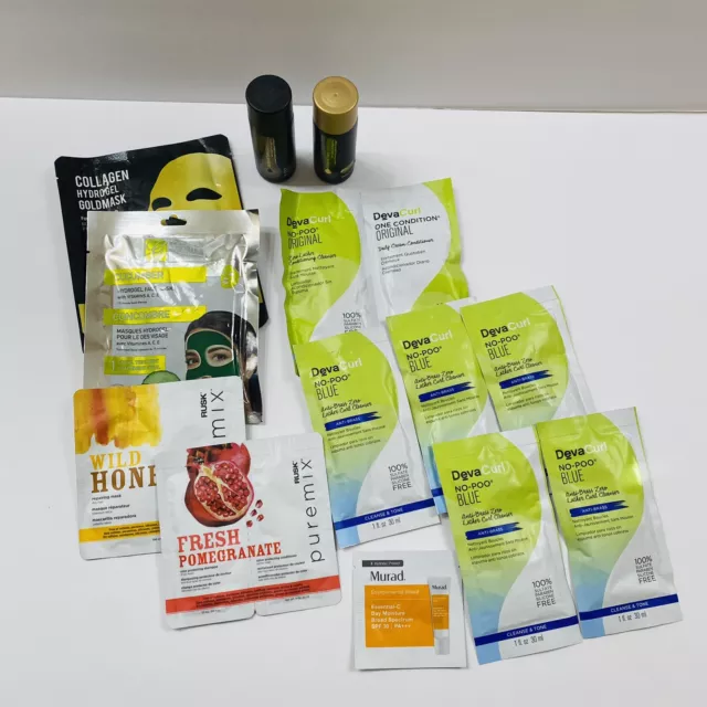 Lote de 14 muestras para cuidado de la piel y el cabello - Deva Curl, Murad, Rusk, Global Beauty