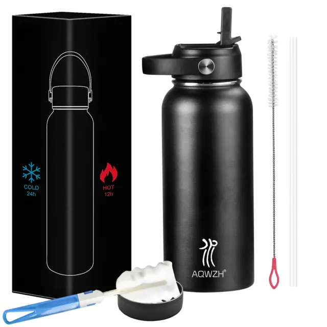 Aqwzh 32 Oz Black Double Walled Vacuum Insulated Stainless Steel Water Bottle wi