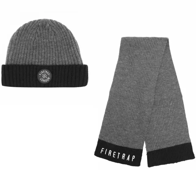 FIRETRAP Kids Boys Beanie Winter Hat Beanie + Scarf 6-10 Yrs Grey R671-3