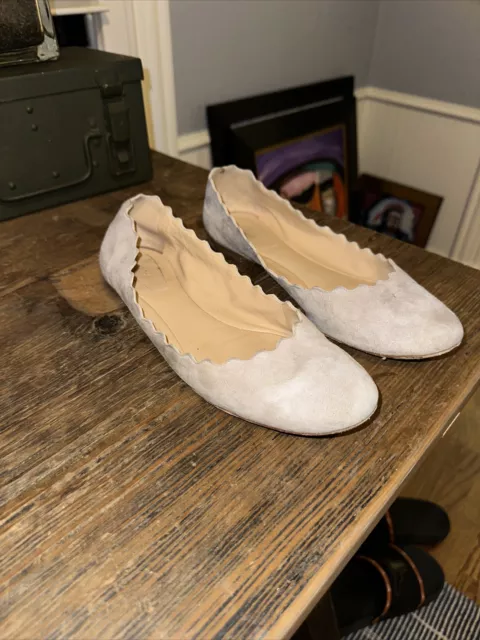 Chloe Lauren Scalloped Suede Leather Ballet Flats Gray Taupe Designer