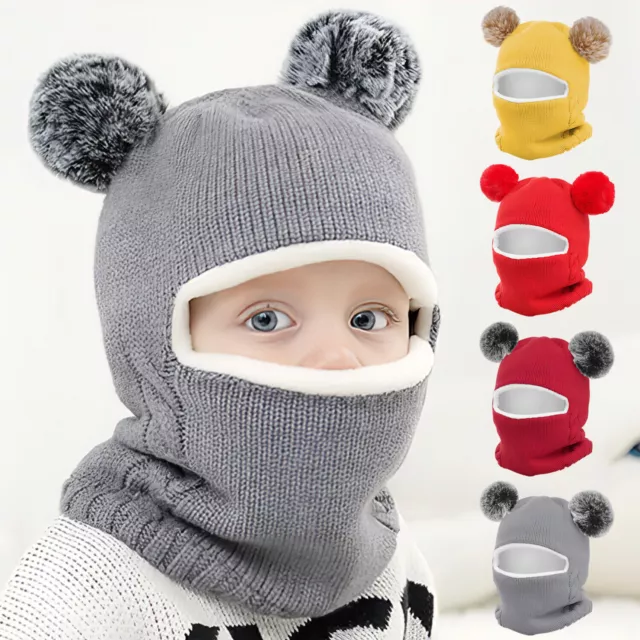 Baby Kids Boys Girls Winter Warm Hat With Fur Ball Toddler Beanie Cap+Scarf Set