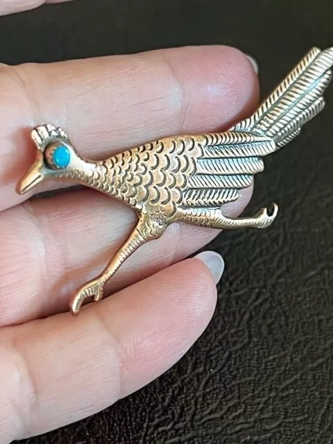 Vintage Southwestern Native Roadrunner Bird Copper Pin Brooch w/ Turquoise Eye