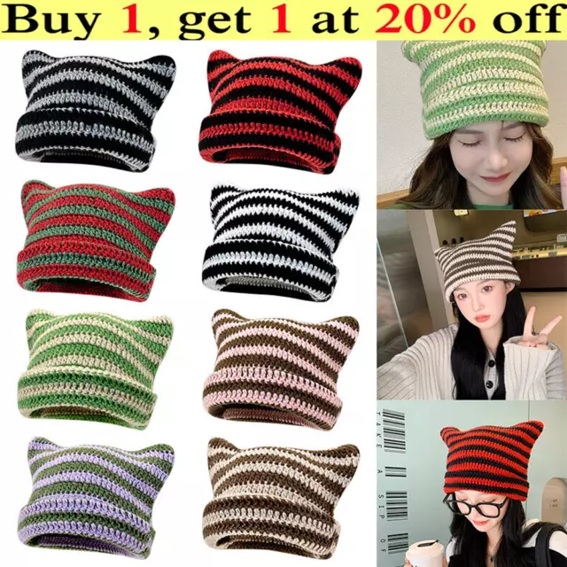 2023 Women's Beanie Striped Knitted Cat Ear Hat Winter Warm Ski Cap Harajuku