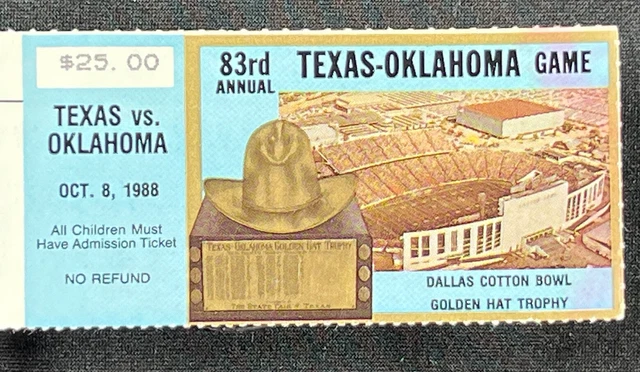 1988 Oklahoma Sooners Texas Longhorns Football Ticket Stub Cotton Bowl Dallas