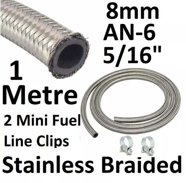 5/16 8MM Marine Stainless Steel Braided Fuel Hose Pipe 1 Metre & 2 Mini Clips