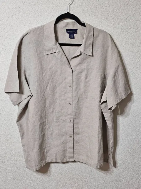 Charter Club Shirt Womens Beige Short Sleeve Button Up 100% Linen Size 24W
