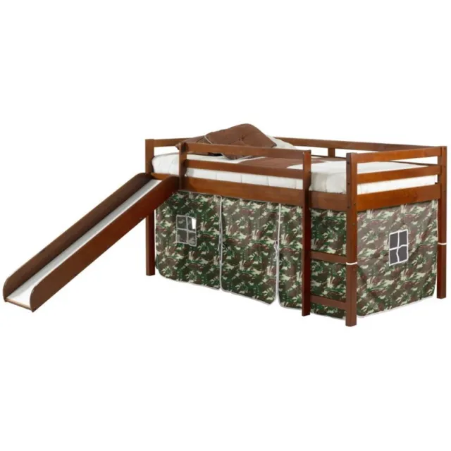 Rosebery Kids Twin Solid Wood Mission Low Loft Bed with Camo Tent in Espresso