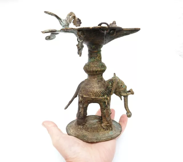 Antique Indian Brass / Bronze Dhokra Work Elephant Oil Lamp From Chhattisgarh