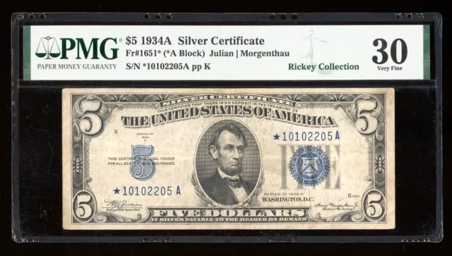 DBR 1934-A $5 Silver STAR Fr. 1651* PMG 30 Serial *10102205A