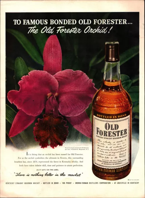 1951 Old Forester PRINT AD Whisky Vintage Bottle Orchids Great Adult Bar Decor