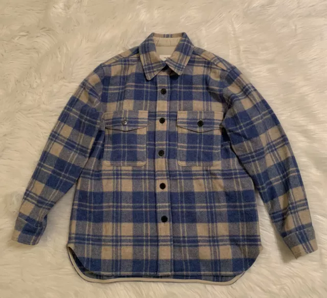 Isabel Marant Etoile Faxon Coat Check Plaid Jacket Button Up Shirt Blue Wool 34