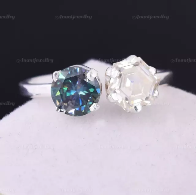 2.10 Karat Oktagonal & Rund Schliff Aus Weiß & Blau Diamantring 925 Silberring