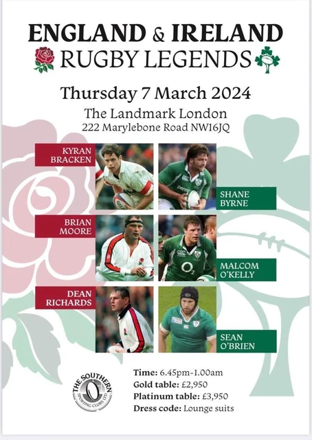 Table of ten at the England and Ireland Rugby Legends Dinner at The Landmark