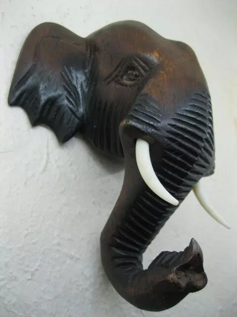 6" Cabeza De Elefante Tailandés De Madera Tallada Pared Colgante Decoración...