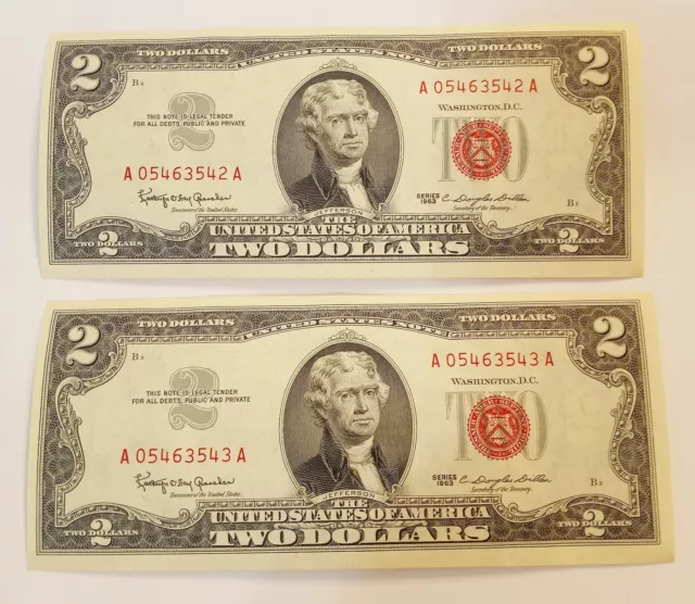 1963 Two Dollar Bills Red Seal $2 CU Note GEM UNC CRISP - Consecutive serial #'s