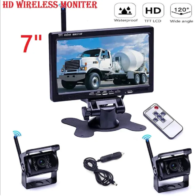 7" Wireless Rear View Monitor +2 Reversing Camera Kit 12V 24V Truck,Caravan Bus