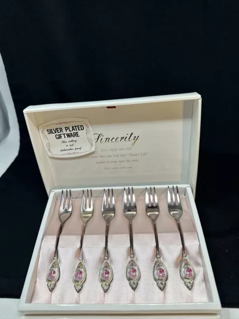 Beautiful Set 6 Silver Plated Vintage Limoges Dessert Forks in Original Box MINT