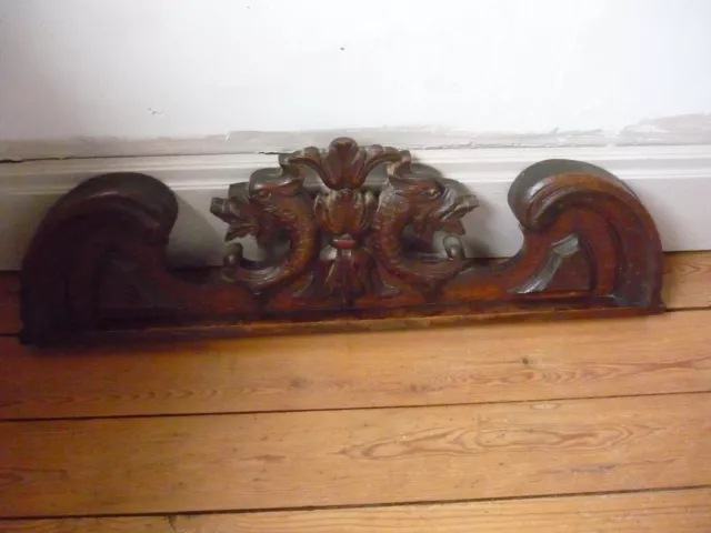 Antique French Wood Carved Oak Gotic Dragon Pediment Architectural 5