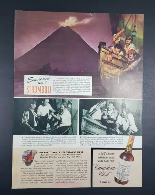 1940 Print Ad Canadian Club Whiskey Men Leaning Over Old Boat Bow Fishing Net