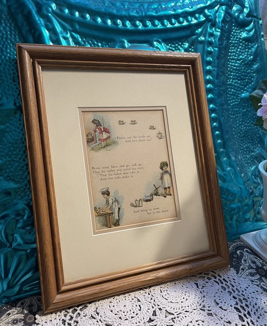 antique nursery Rhyme Framed In Vintage Aged Wood Frame- Some Wear