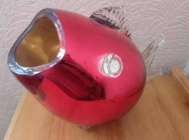 Vintage Murano Style Ruby Red Mirror Glass Balloon Fish Vase .. 40cm x 20cm