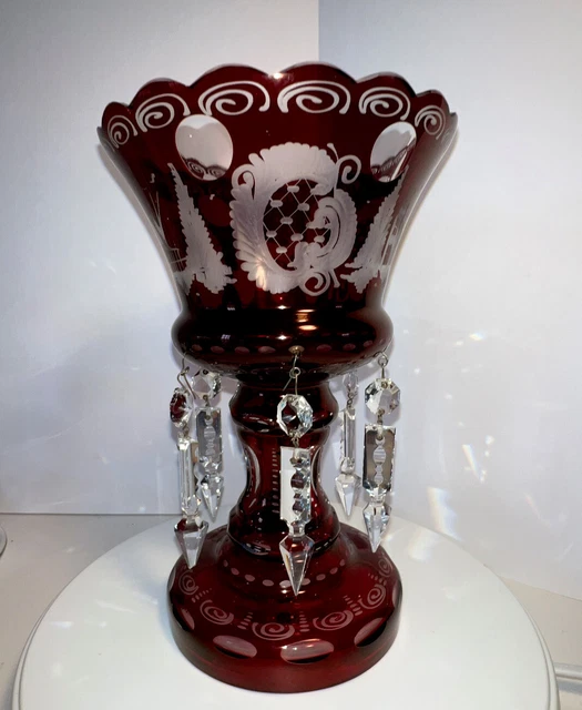 Stunning Bohemian Ruby Red Etched Glass Mantle Lusters