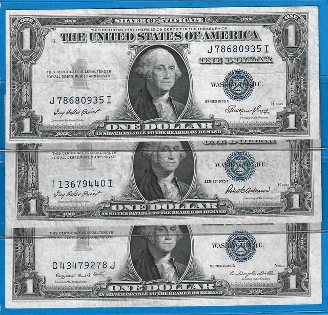 1935E/F/G $1 Silver Certificate Notes,3) Notes,Blue Seal,Circ VF,Nice!