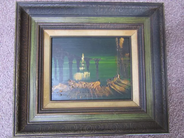 old mid century modern oil Painting panel Roman Fountain Landscape framed signed