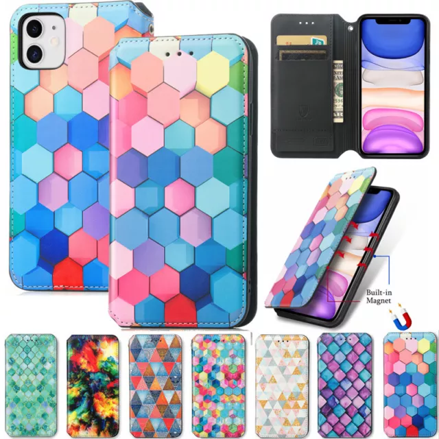 For Samsung S9 S21+ Note 10 20 Patterned Magnetic Leather Wallet Flip Case Cover