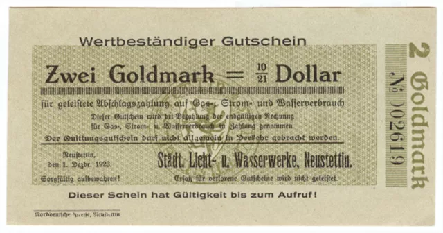 NOTGELDSCHEIN  Pommern - Stadt  NEUSTETTIN  - 2 Goldmark - 1923